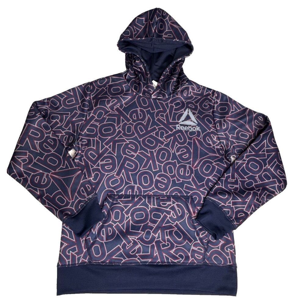 Reebok Boys Size XL 14-16 Pullover All Over Logo Active Hoodie Navy Blue Print